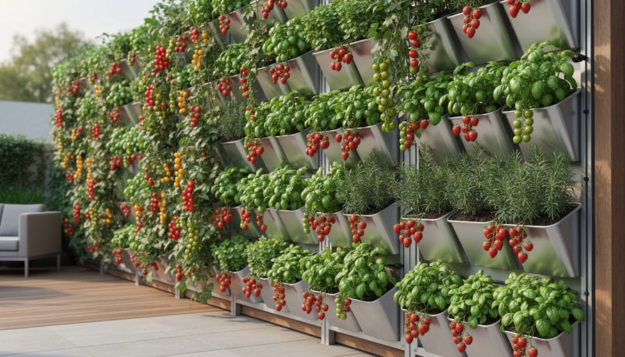 Vertical garden wall with various plants including leafy greens, herbs, and strawberries