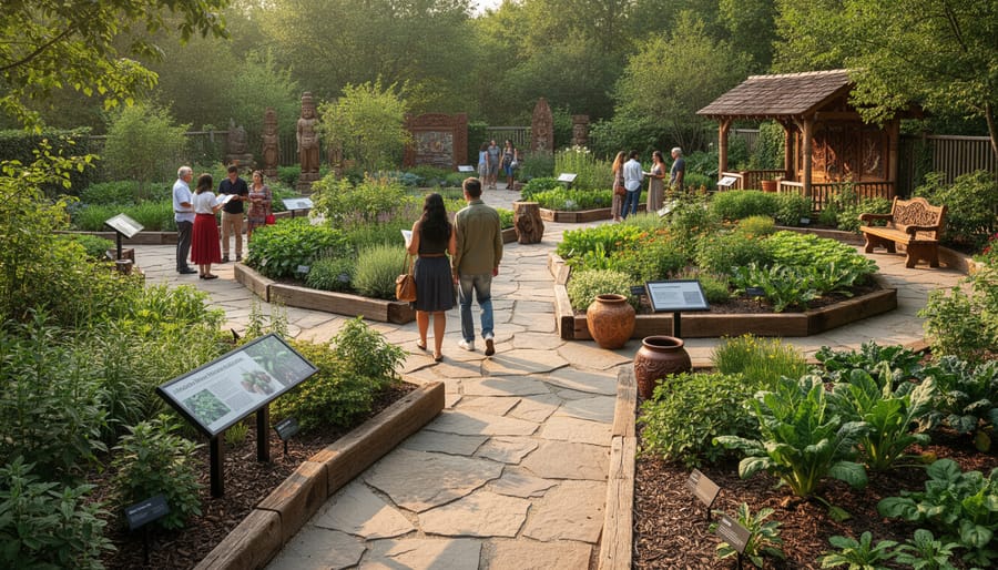 Visitors exploring pathways through established ethnobotanical garden with diverse plant collections