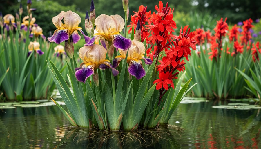 Purple iris and red cardinal flowers blooming in wet boggy garden soil