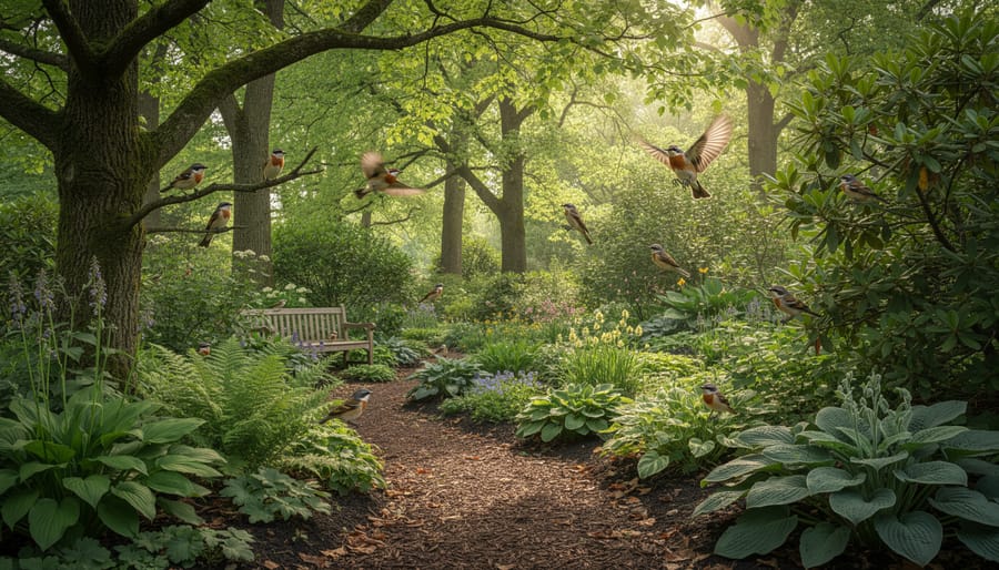 Eastern Bluebird perched in shade garden with native plants