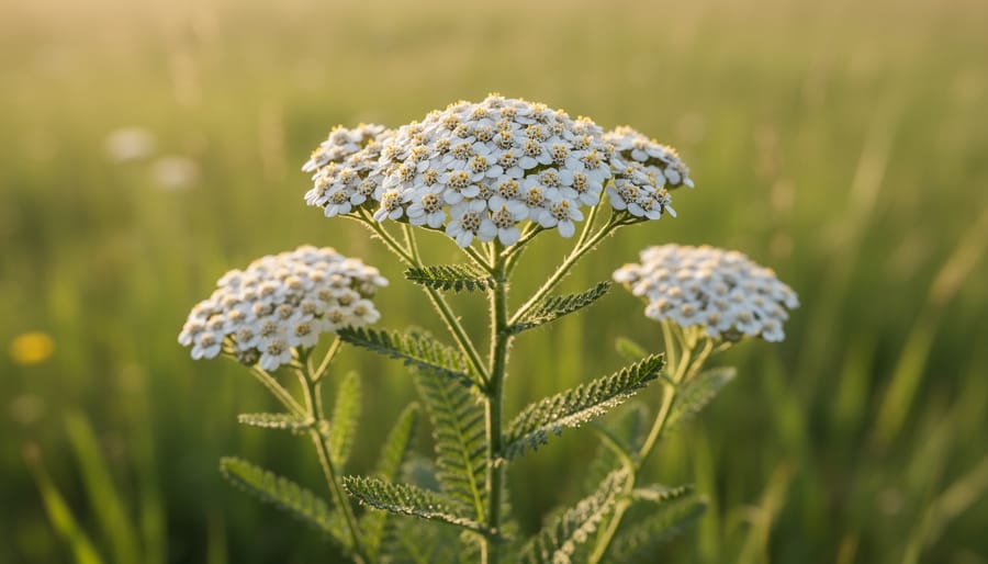 Fresh yarrow flowers and leaves held in open hands