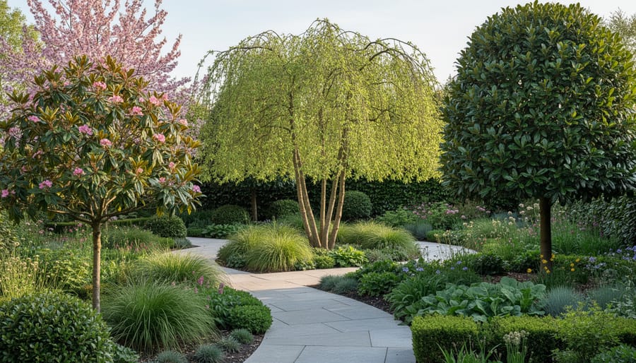Diverse ornamental trees creating layered landscape in established Zone 9 garden