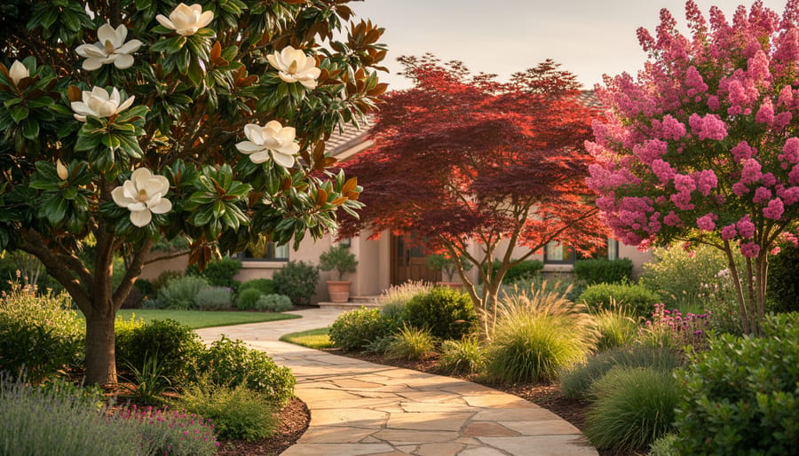 Sunlit Zone 9 garden with blooming southern magnolia, deep red Japanese maple, and pink crape myrtle lining a stone path, with a softly blurred stucco home and drought-tolerant plantings in the background.