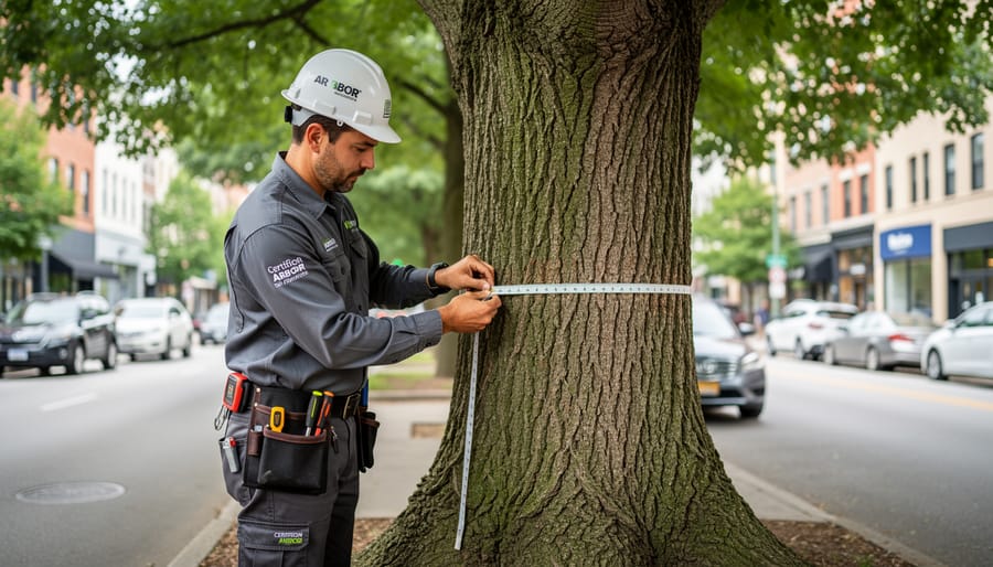 Arborist measuring tree trunk diameter with tape measure at chest height