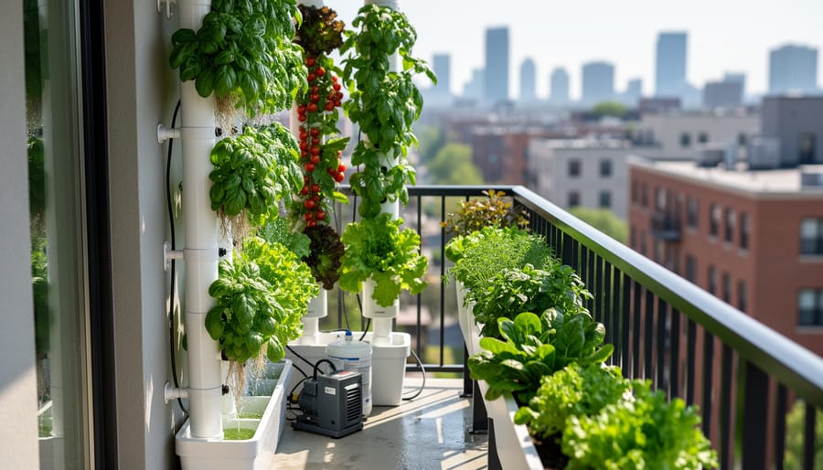 A gardener harvesting basil from a vertical hydroponic system on a balcony with leafy greens growing in stacked channels.