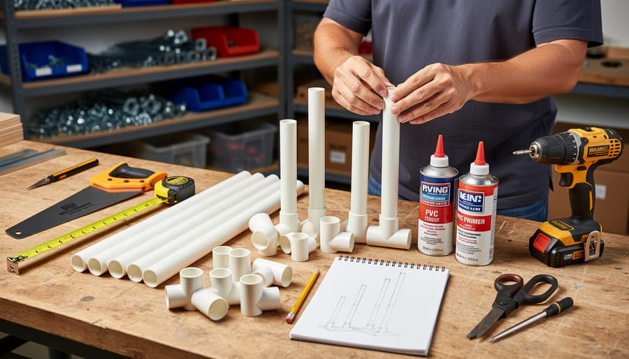 Person assembling PVC pipes for DIY vertical hydroponic system on workbench