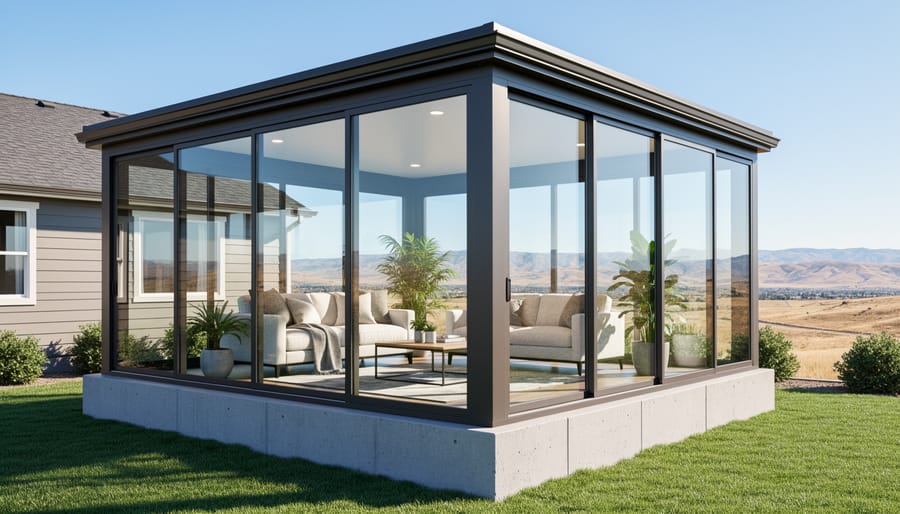 Exterior view of four-season sunroom addition with glass walls attached to residential home