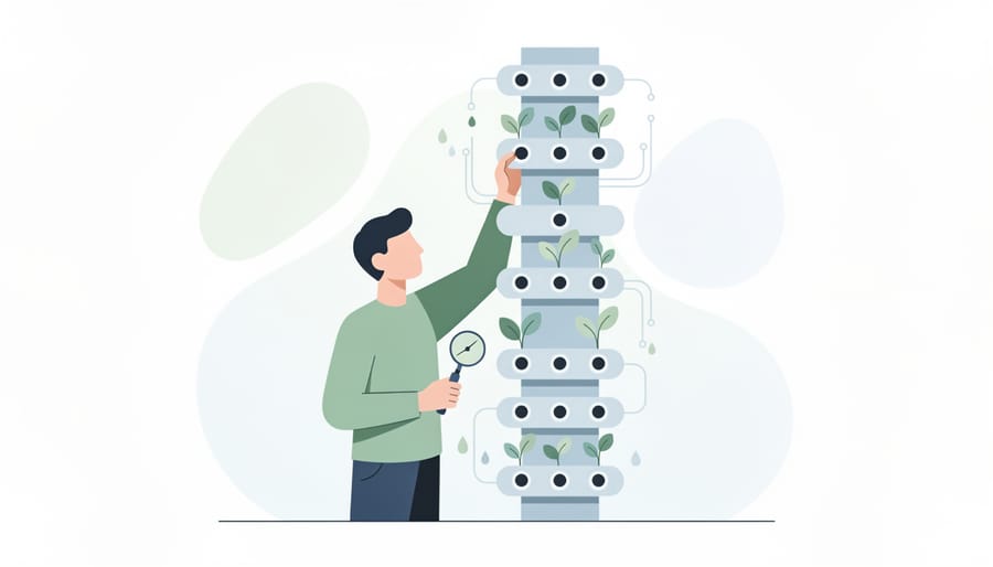 Gardener holding a water testing vial next to a vertical hydroponic reservoir and hoses.