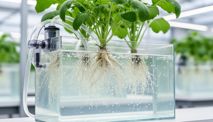 Close-up of lettuce roots in hydroponic growing channel with nutrient solution