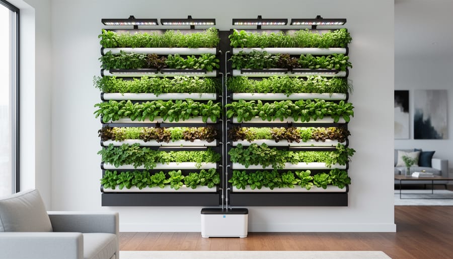 Indoor living wall hydroponic system with herbs and leafy greens growing in vertical layers near a window.
