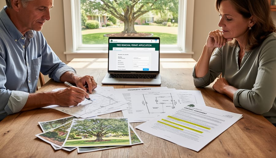 Homeowner reviewing tree removal permit documents and paperwork at outdoor table