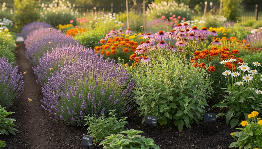 Gardener's hands planting lavender seedling next to oregano in garden soil