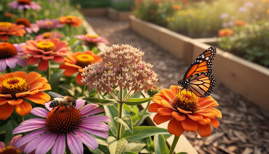 Close-up of a native pollinator garden with milkweed, zinnias, and purple coneflowers; a monarch butterfly feeds on a zinnia while a native bee visits a coneflower in golden-hour light; mulch path and raised bed softly blurred behind.