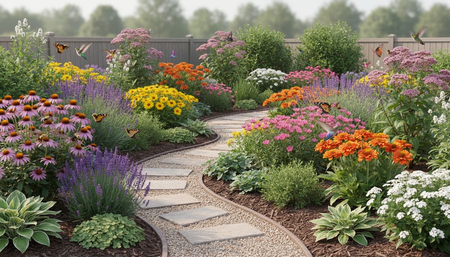 Overhead view of layered pollinator garden with purple, yellow and pink flowering plants in companion groupings