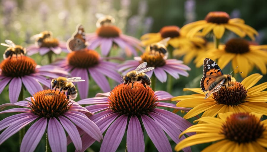 Monarch butterfly and bumblebees feeding together on purple coneflowers with yellow black-eyed susans in background