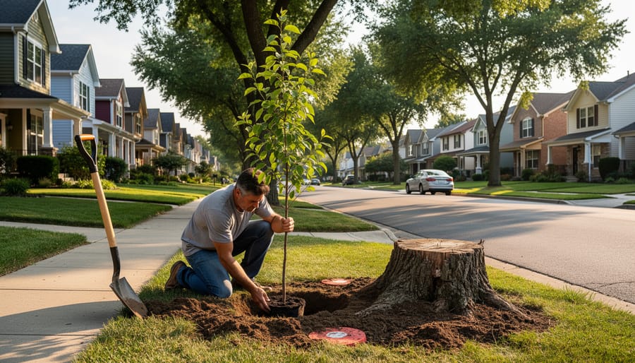 Newly planted replacement sapling tree with support stakes in residential yard