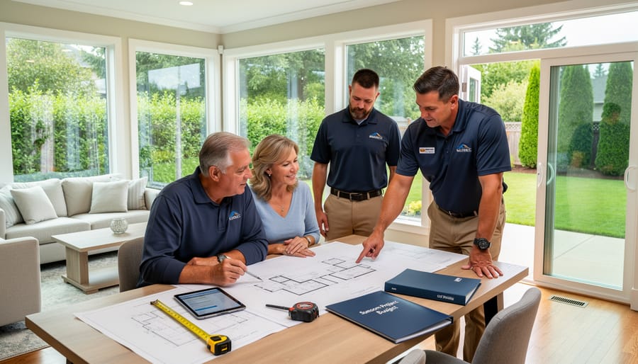 Homeowner consulting with contractor at sunroom construction site reviewing project plans