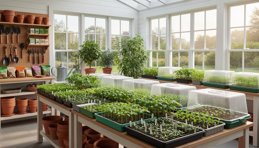 Gardener's hands planting seedlings in pots on wooden bench inside bright sunroom