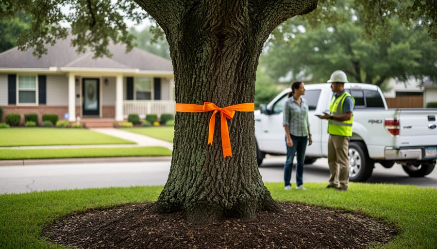 Mature oak tree in a suburban front yard with an orange ribbon around its trunk, in sharp focus, while a city arborist in a hard hat speaks with a homeowner near a white utility pickup at the curb under overcast light; house and sidewalk softly blurred.