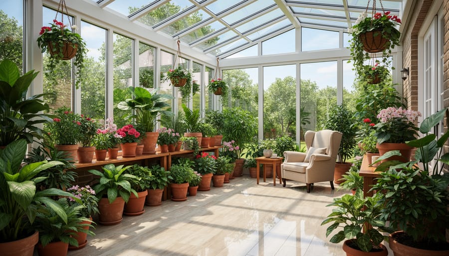 Bright sunroom interior filled with thriving plants on shelves with natural light streaming through large windows