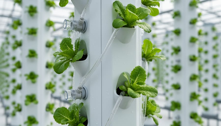 Close-up view of a vertical hydroponic tower showing lettuce growth sites and visible roots through translucent sections.