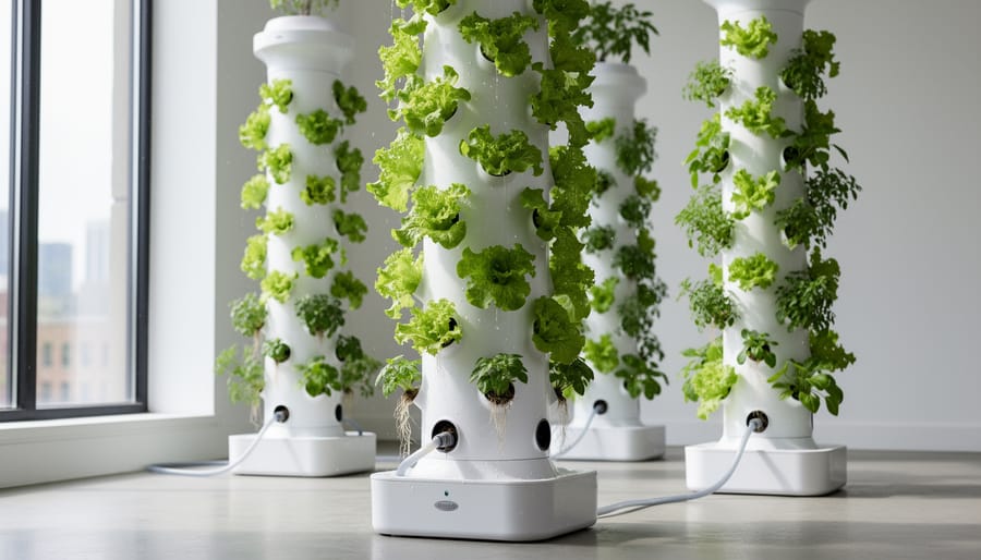 White vertical hydroponic tower with multiple levels of lettuce and herbs growing indoors