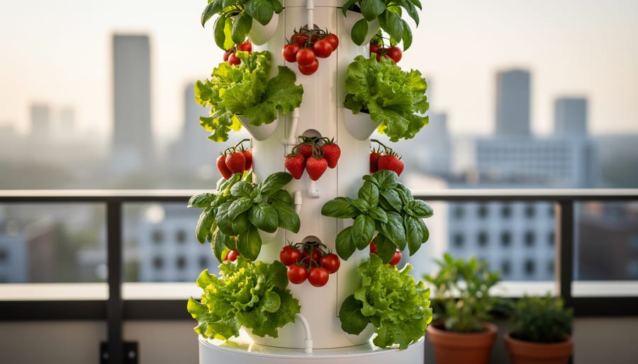 Vertical hydroponic tower on an apartment balcony growing lettuce, basil, strawberries, and cherry tomatoes in soft morning light, with irrigation tubing visible and a blurred city skyline and a few traditional soil pots behind.