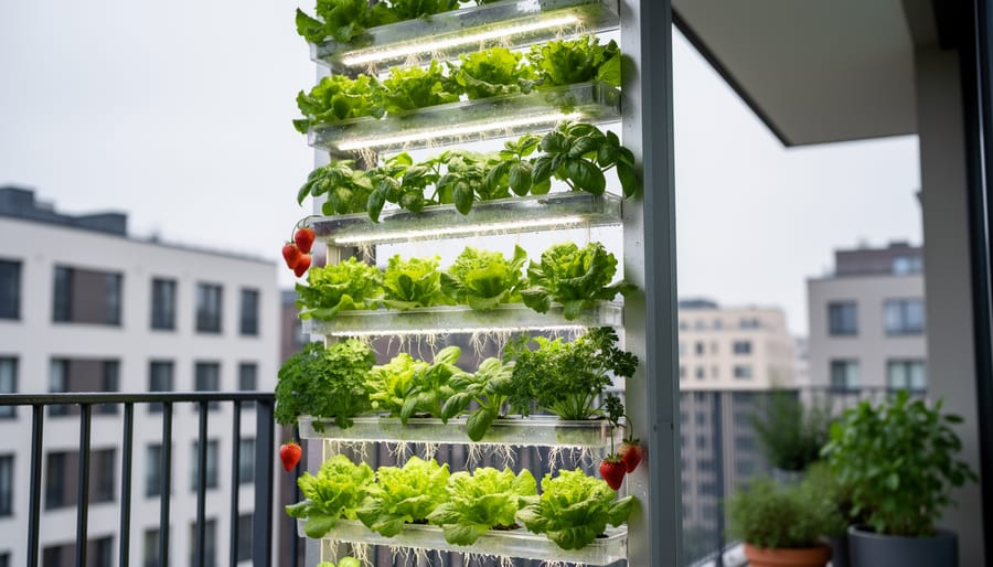 Vertical hydroponic wall system on a balcony with stacked clear channels growing lettuce, herbs, and strawberries.
