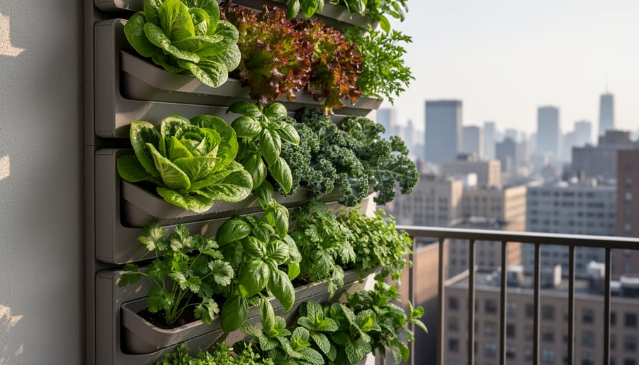 Wall-mounted vertical hydroponic garden with lettuce, basil, and kale on urban balcony