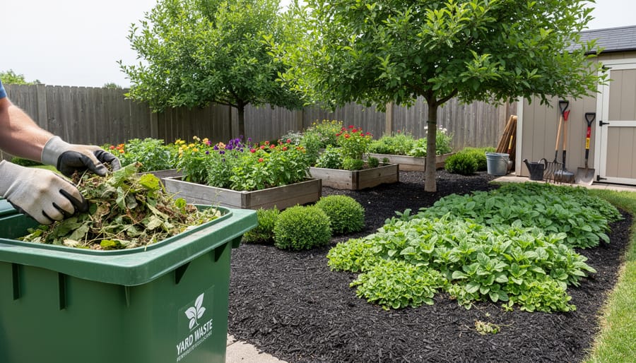 Backyard shade garden showing mulch and removed leaf litter in a waste bin
