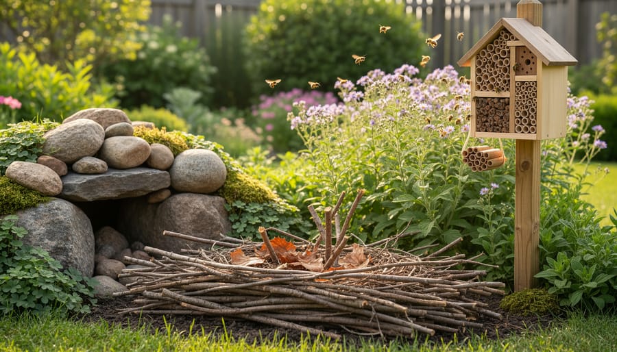 Bee-friendly shelter with brush pile, rocks, and a bee hotel in a garden