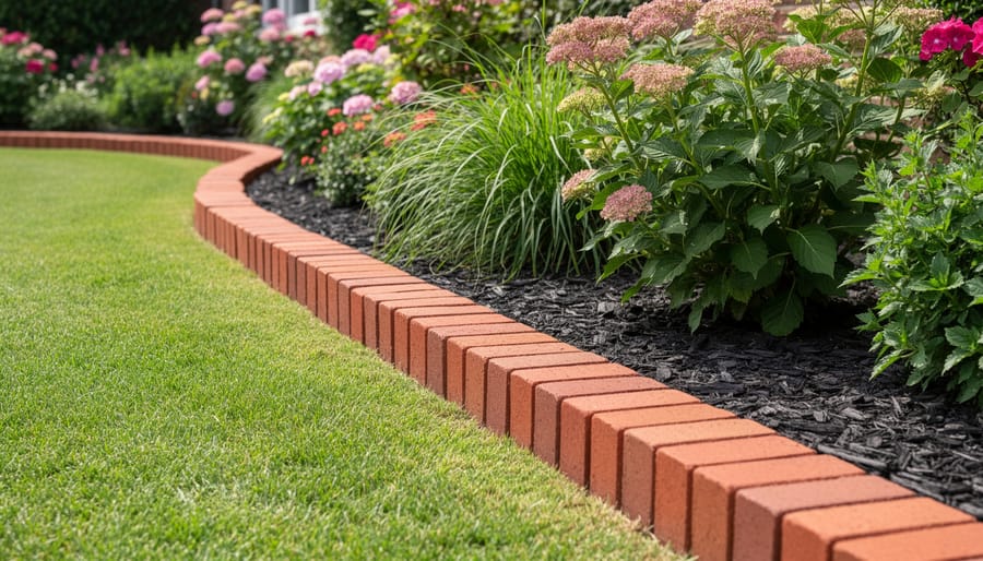 Brick border edging defining a flower bed with a soldier-course pattern