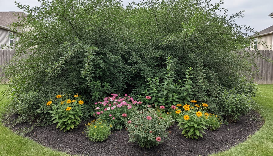 Buckthorn shrubs forming a dense, tangled edge in a backyard garden, crowding out other plants.