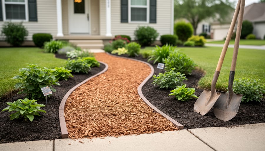Mulch pathway and newly planted native shrubs in a tidy front yard with landscaping tools nearby, illustrating a budget DIY landscaping approach.
