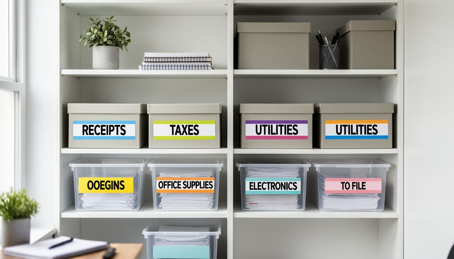 Clear storage bins and file folders arranged with unlabeled tags for easy organization