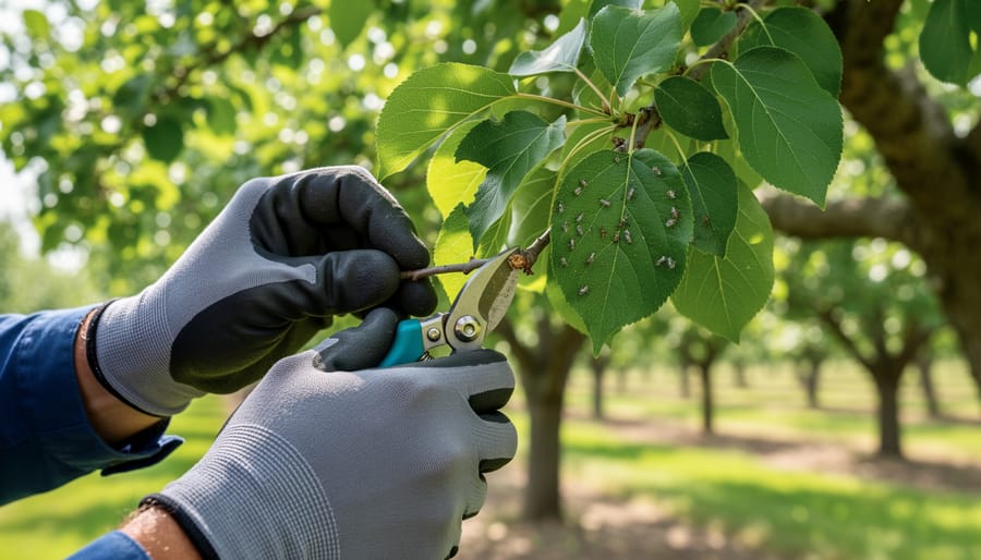 Close-up of a gardener’s hand inspecting an ornamental tree trunk with small beneficial insects visible