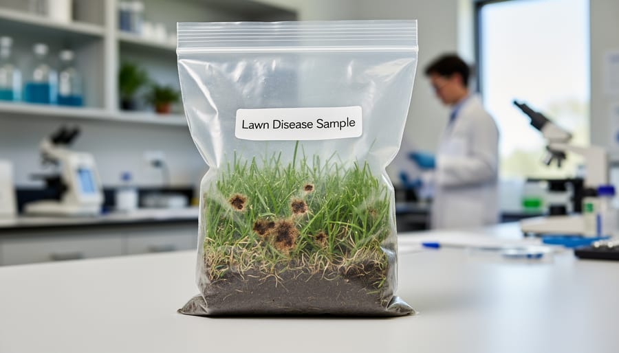 Close-up of gloved hands placing turfgrass and soil sample into a sealed plastic bag for diagnosis