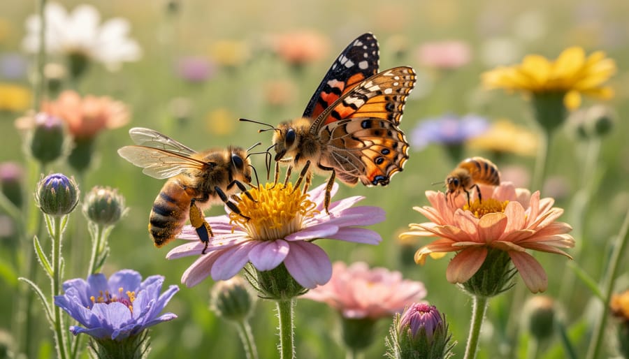 Close view of a pollinator feeding on purple coneflowers in a native flower garden.