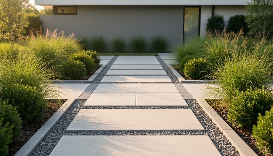 Concrete paver edging with a herringbone pattern along a garden bed