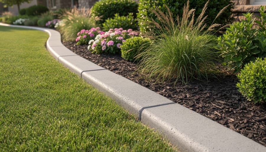 Continuous poured concrete curb edging defining a modern garden border
