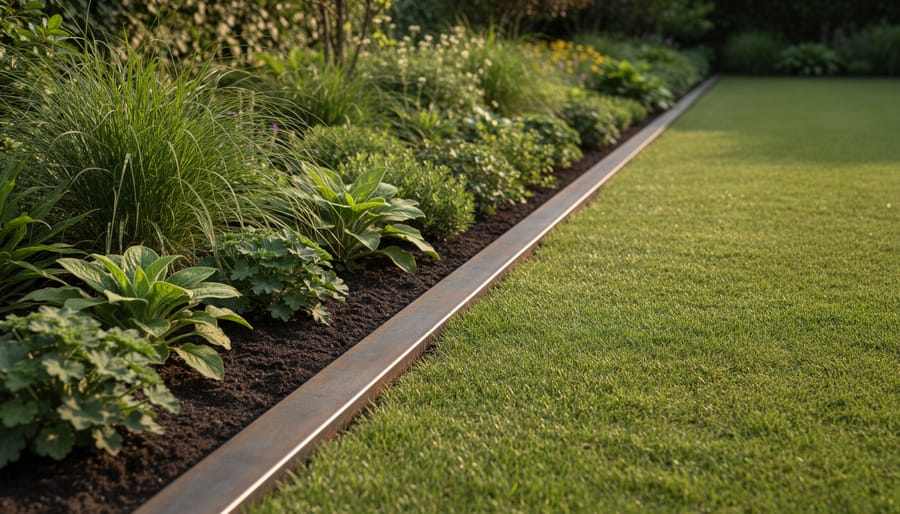 Corten steel garden edging forming a clean border along a mulch bed