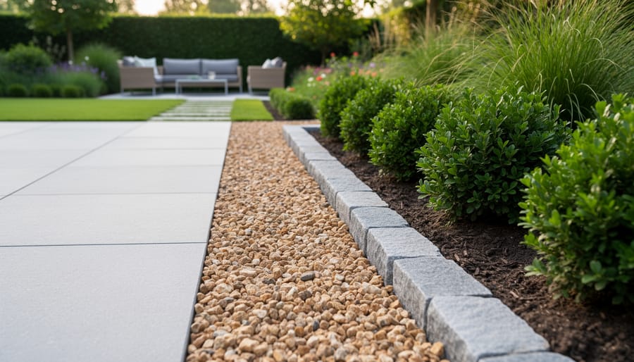 Decorative gravel and river rock edging separating a lawn from a garden bed