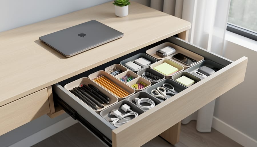 Desk drawer dividers organizing office supplies into separate compartments