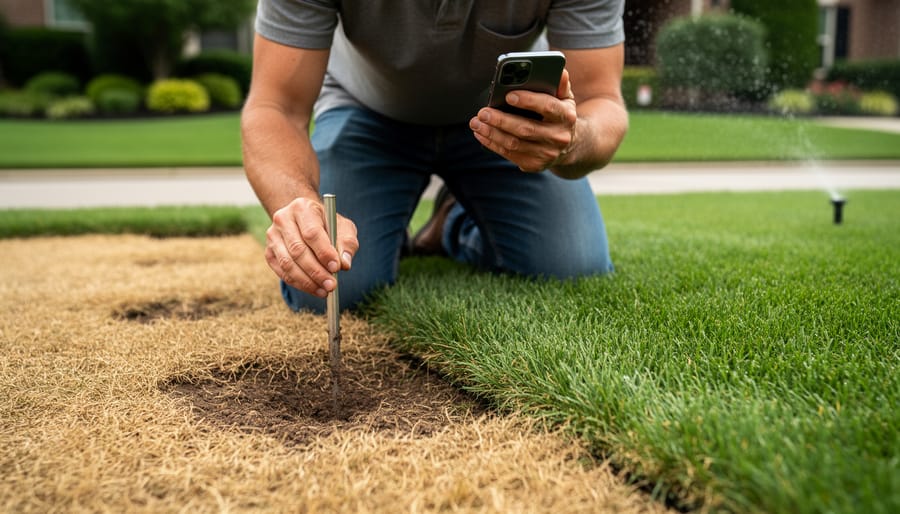 “Homeowner kneeling to inspect irregular yellow-brown lawn patches and testing soil near healthier green grass.”