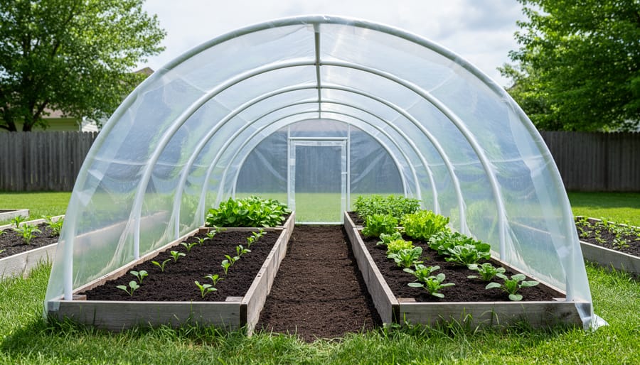 “A DIY hoop house greenhouse tunnel with clear plastic covering over PVC hoops in a backyard garden with raised beds and seedlings.”
