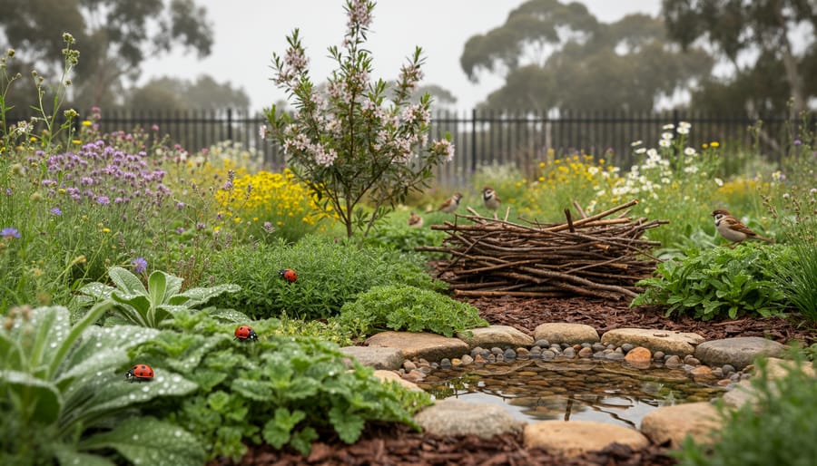 Layered native garden with flowering plants, ground cover, a small water feature, brush pile habitat, and ladybugs on leaves under soft daylight.