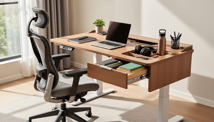 Ergonomic home office desk with drawers and built-in shelving for organized storage