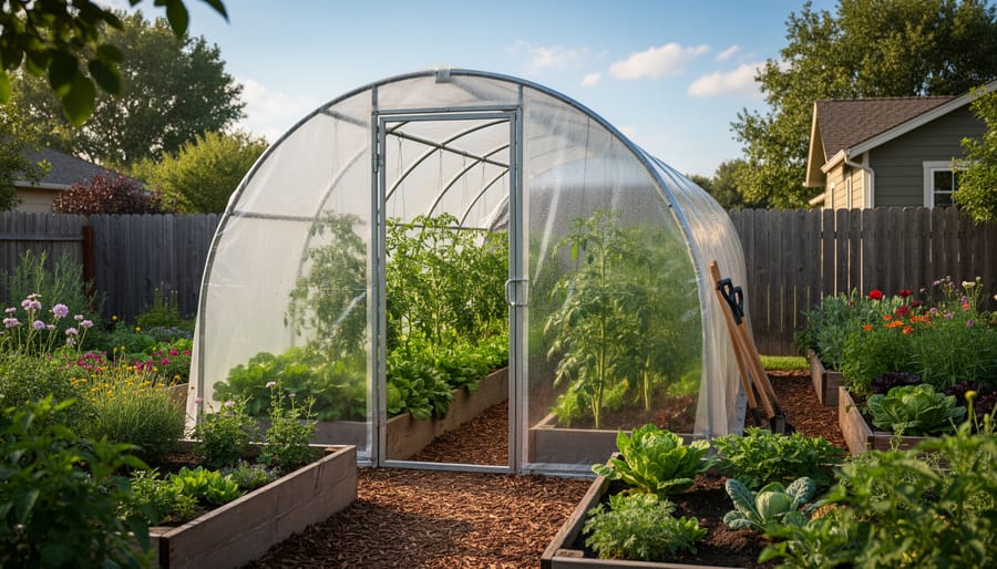 Finished DIY hoop house with clear plastic covering in a backyard garden and a gardener near the entrance.