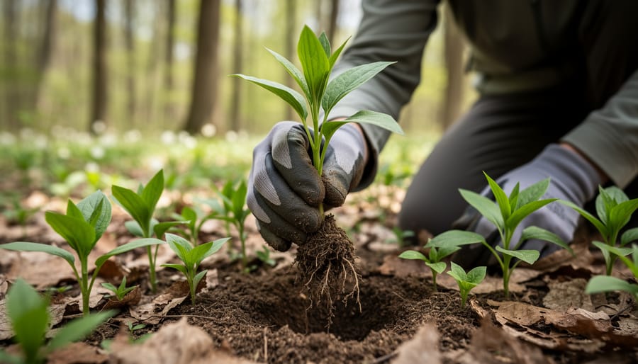 Gardener kneeling and pulling garlic mustard from a flower bed with soil still attached to the roots.
