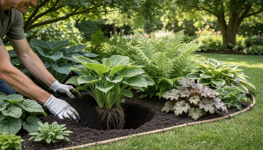 Gardener’s gloved hands planting shade plants into a mulched bed in a tree-shadow garden.